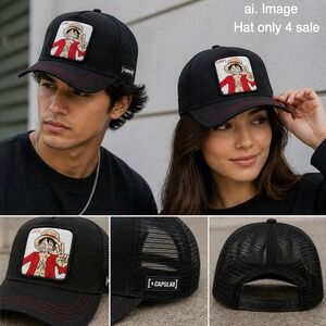Capslab One Piece Luffy Trucker Hat Black Snapback Anime Manga Mesh Cap Patch